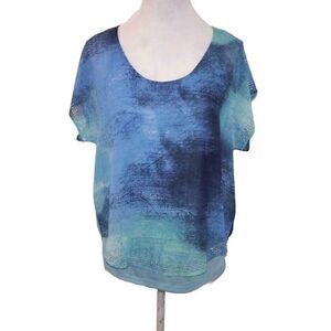 World Unity Shirt Top Medium Chiffon Overlay Studded Scoop Neck Layered Blue